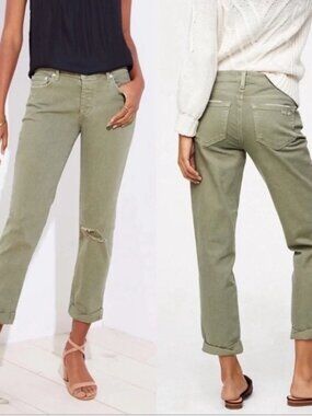 Loft Olive Distressed Button Fly Boyfriend Jean